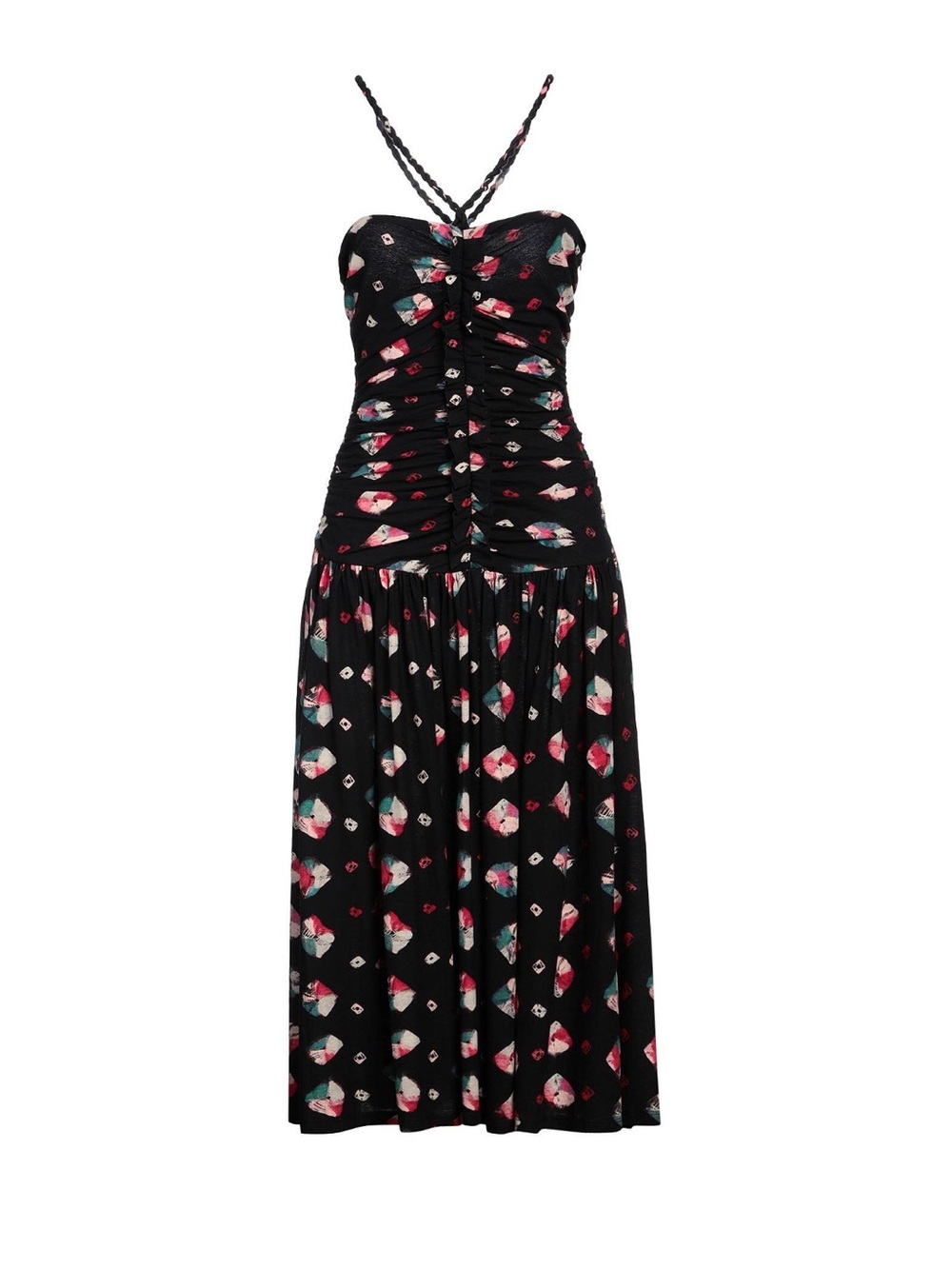 Ulla Johnson NWT Black Ruched Midi Dress with Pink & Teal Abstract Print